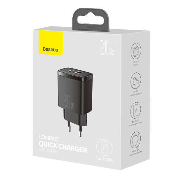 Мережевий зарядний пристрій Baseus Compact Quick Charger U+C 20W EU Black — фото 3