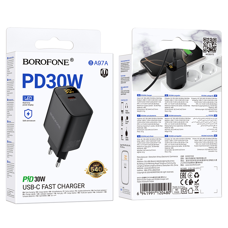 Мережевий зарядний пристрій BOROFONE BA97A Ilustre single-port PD30W charger with digital display (EU) Black — фото 3
