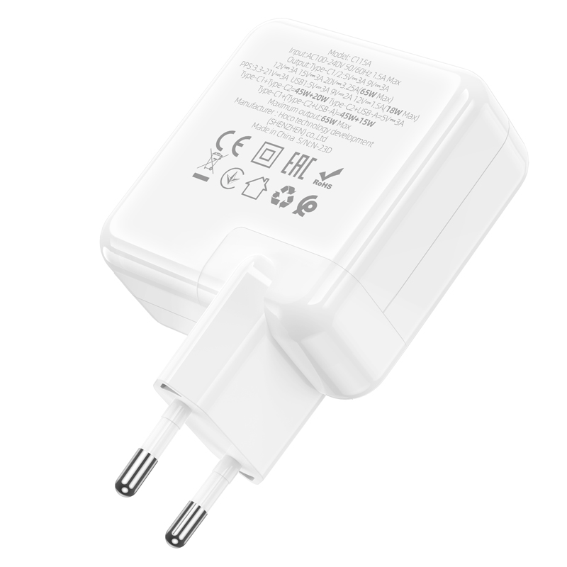 Мережевий зарядний пристрій HOCO C115A Header PD65W GaN three-port(2C1A) charger White — фото 7
