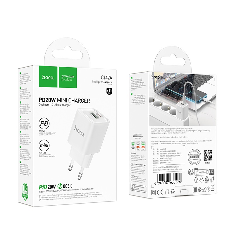 Мережевий зарядний пристрій HOCO C147A Charm PD20W+QC3.0 charger (EU) White — фото 3