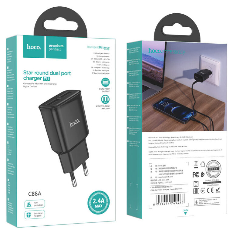 Мережевий зарядний пристрій HOCO C88A Star round dual port charger 12W Black — фото 3