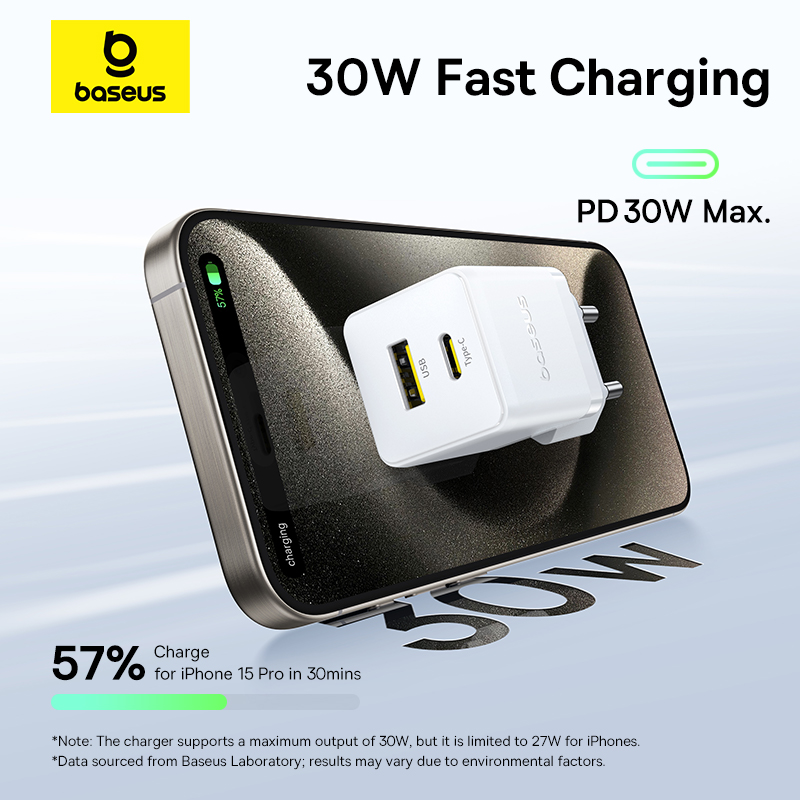 Мережевий зарядний пристрій з кабелем Baseus Palm Fast Charger C+U 30W EU Moon White (with USB-C to USB-C 60W (20V/3A) 1m Moon White) — фото 10
