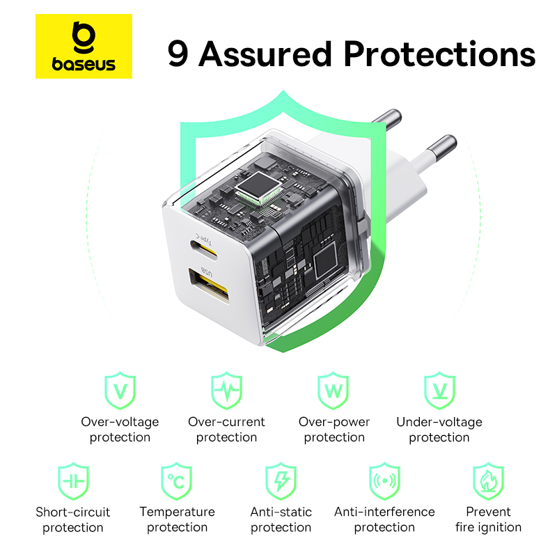 Мережевий зарядний пристрій з кабелем Baseus Palm Fast Charger C+U 30W EU Moon White (with USB-C to USB-C 60W (20V/3A) 1m Moon White) — фото 13