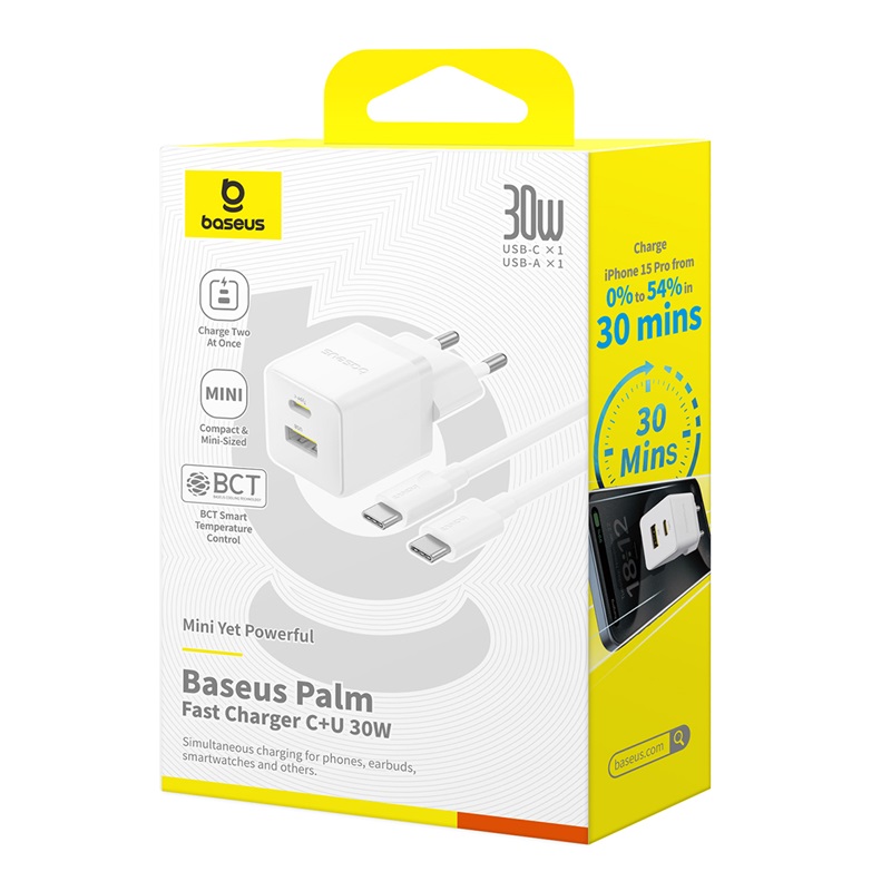 Мережевий зарядний пристрій з кабелем Baseus Palm Fast Charger C+U 30W EU Moon White (with USB-C to USB-C 60W (20V/3A) 1m Moon White) — фото 3