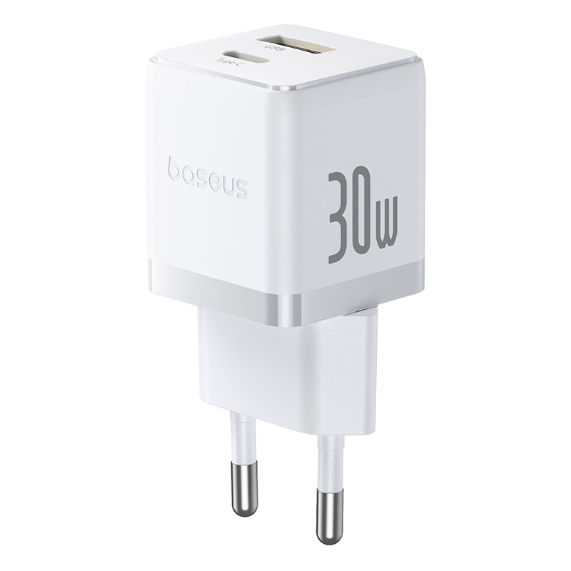Мережевий зарядний пристрій з кабелем Baseus Palm Fast Charger C+U 30W EU Moon White (with USB-C to USB-C 60W (20V/3A) 1m Moon White) — фото 4