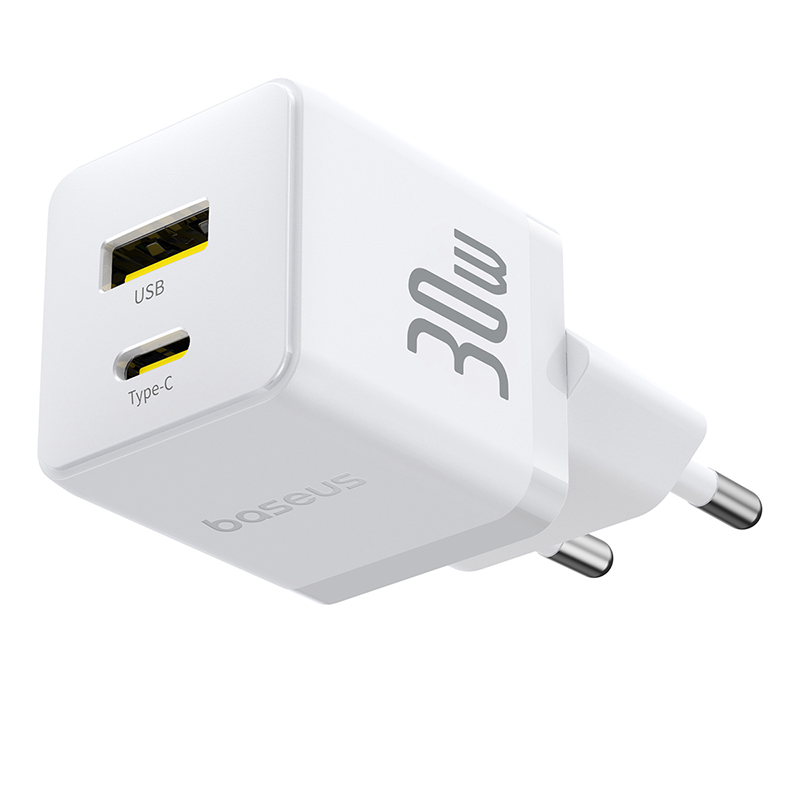 Мережевий зарядний пристрій з кабелем Baseus Palm Fast Charger C+U 30W EU Moon White (with USB-C to USB-C 60W (20V/3A) 1m Moon White) — фото 5