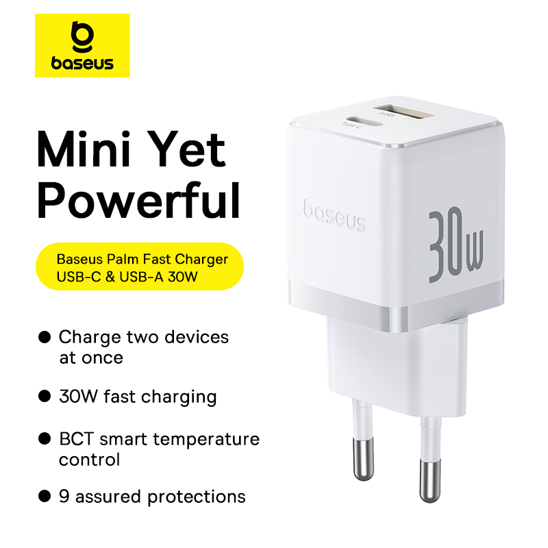 Мережевий зарядний пристрій з кабелем Baseus Palm Fast Charger C+U 30W EU Moon White (with USB-C to USB-C 60W (20V/3A) 1m Moon White) — фото 8