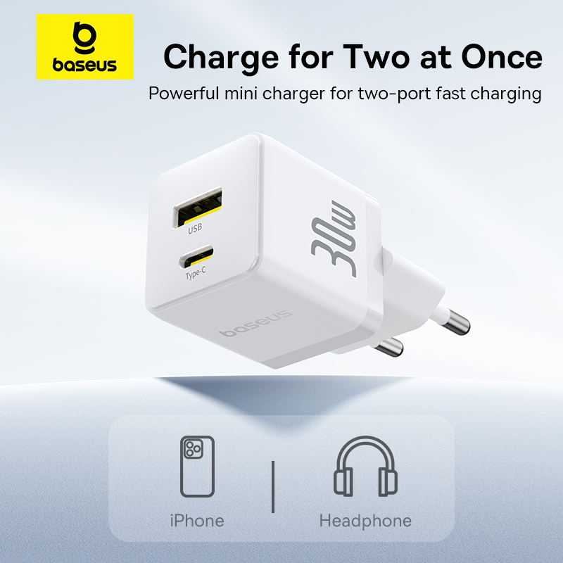 Мережевий зарядний пристрій з кабелем Baseus Palm Fast Charger C+U 30W EU Moon White (with USB-C to USB-C 60W (20V/3A) 1m Moon White) — фото 9
