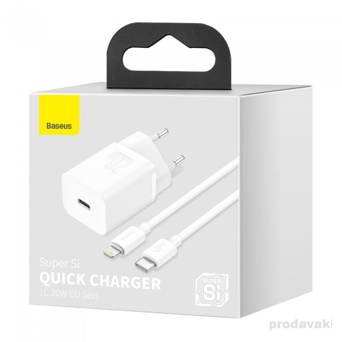 Мережевий зарядний пристрій з кабелем Baseus Super Si 1C 20W With Simple Wisdom Data Cable Type-C/iP 1m White — фото 3