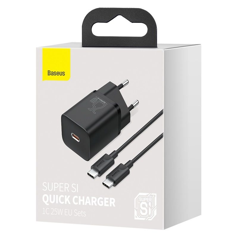 Мережевий зарядний пристрій з кабелем Baseus Super Si Quick Charger 1C 25W EU Sets Black(With Mini White Cable C to C 3A 1m Black) — фото 3