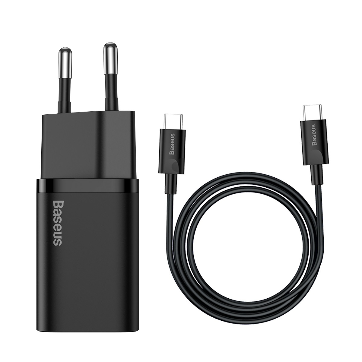 Мережевий зарядний пристрій з кабелем Baseus Super Si Quick Charger 1C 25W EU Sets Black(With Mini White Cable C to C 3A 1m Black)