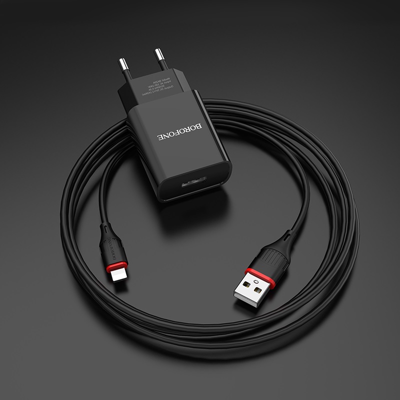 Мережевий зарядний пристрій з кабелем BOROFONE BA20A Sharp single port charger set(Lightning) 10.5W Black — фото 6
