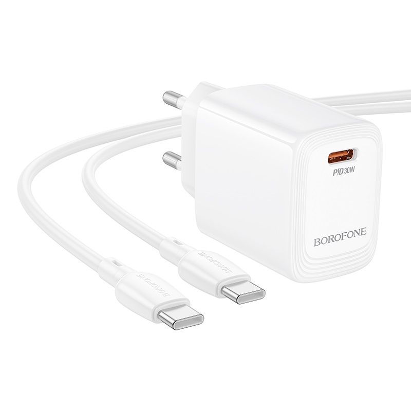 Мережевий зарядний пристрій з кабелем BOROFONE BN28 Fuente single port PD30W charger set (C to C) (EU) White — фото 3