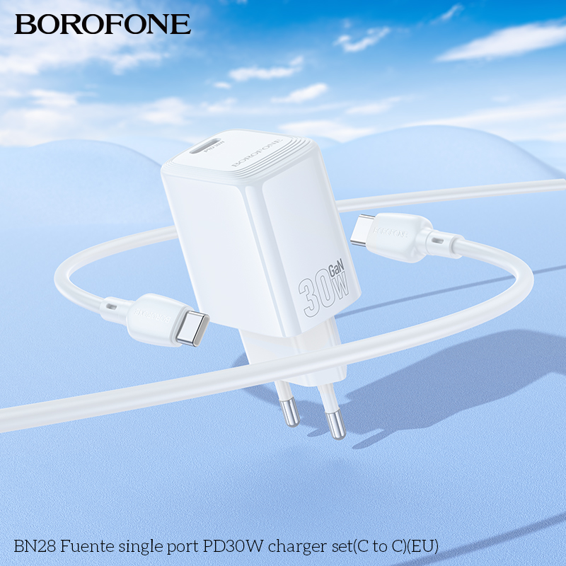 Мережевий зарядний пристрій з кабелем BOROFONE BN28 Fuente single port PD30W charger set (C to C) (EU) White — фото 8