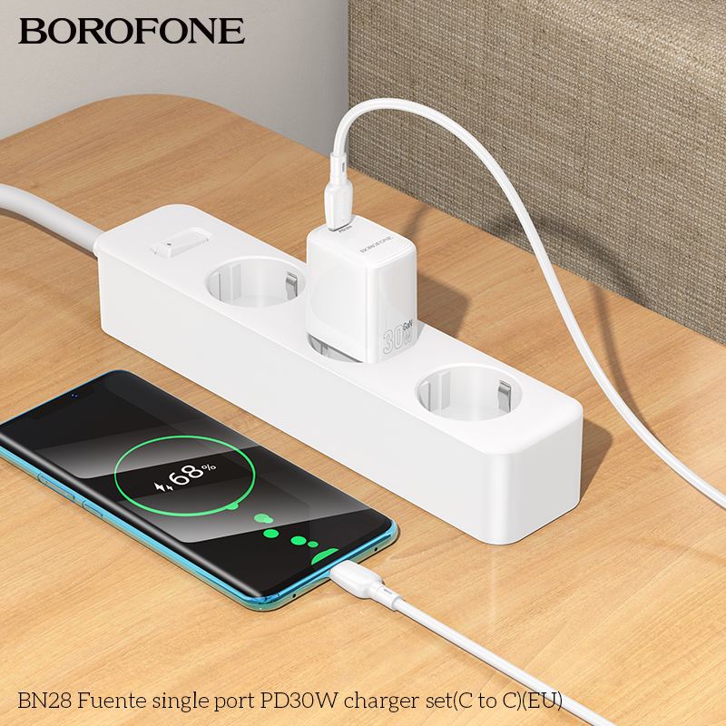 Мережевий зарядний пристрій з кабелем BOROFONE BN28 Fuente single port PD30W charger set (C to C) (EU) White — фото 9