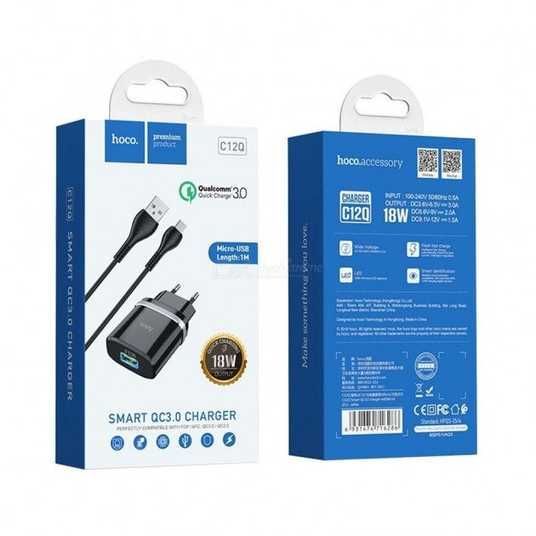 Мережевий зарядний пристрій з кабелем HOCO C12Q Smart QC3.0 charger set(Micro) 18W Black — фото 3