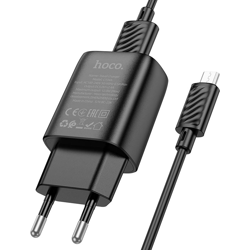 Мережевий зарядний пристрій з кабелем HOCO C134A Solid single-port charger set (Micro) (EU) Black — фото 5