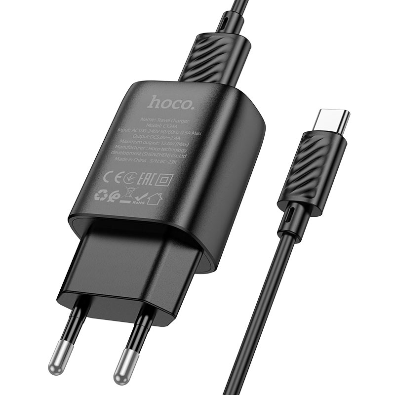 Мережевий зарядний пристрій з кабелем HOCO C134A Solid single-port charger set (Type-C) (EU) Black — фото 5