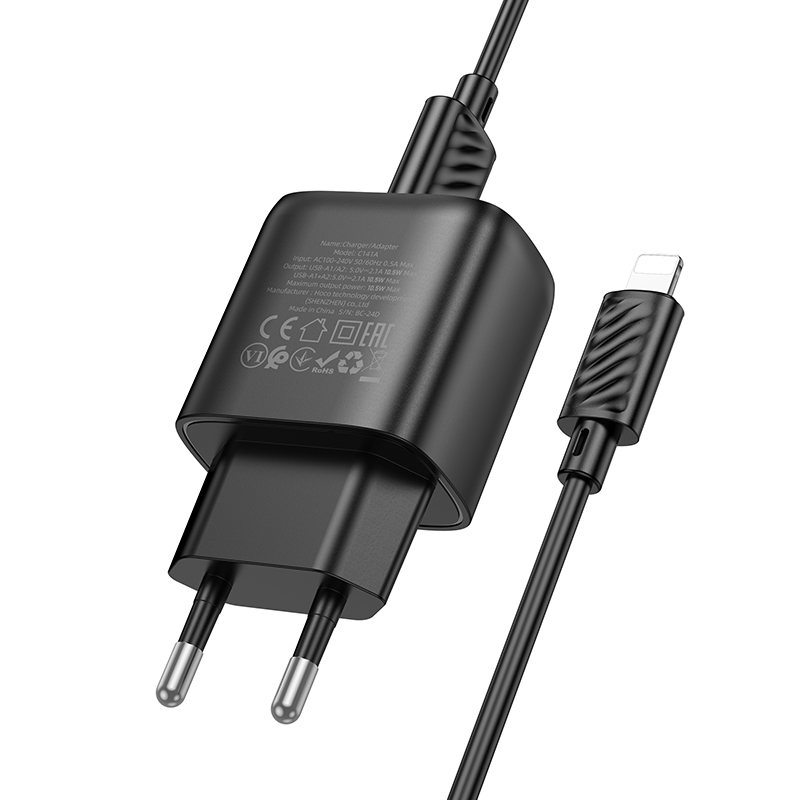 Мережевий зарядний пристрій з кабелем HOCO C141A Smart dual-port charger set(iP) Black — фото 5