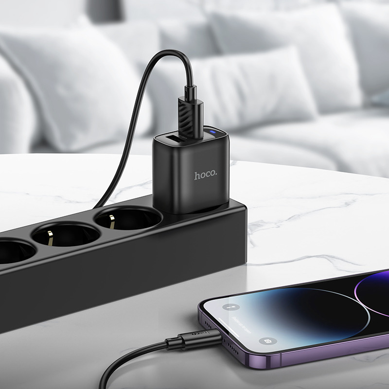 Мережевий зарядний пристрій з кабелем HOCO C141A Smart dual-port charger set(iP) Black — фото 6