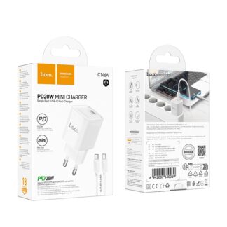 Мережевий зарядний пристрій з кабелем Hoco C146A Charm single port PD20W charger set (C to C) (EU) White