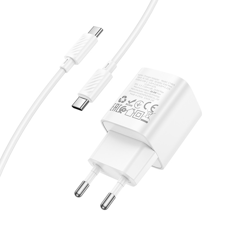 Мережевий зарядний пристрій з кабелем HOCO C146A Charm single port PD20W charger set (C to C) (EU) White — фото 6