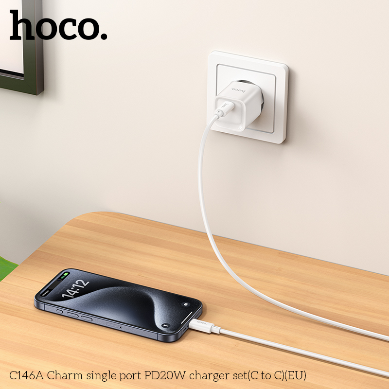 Мережевий зарядний пристрій з кабелем HOCO C146A Charm single port PD20W charger set (C to C) (EU) White — фото 8
