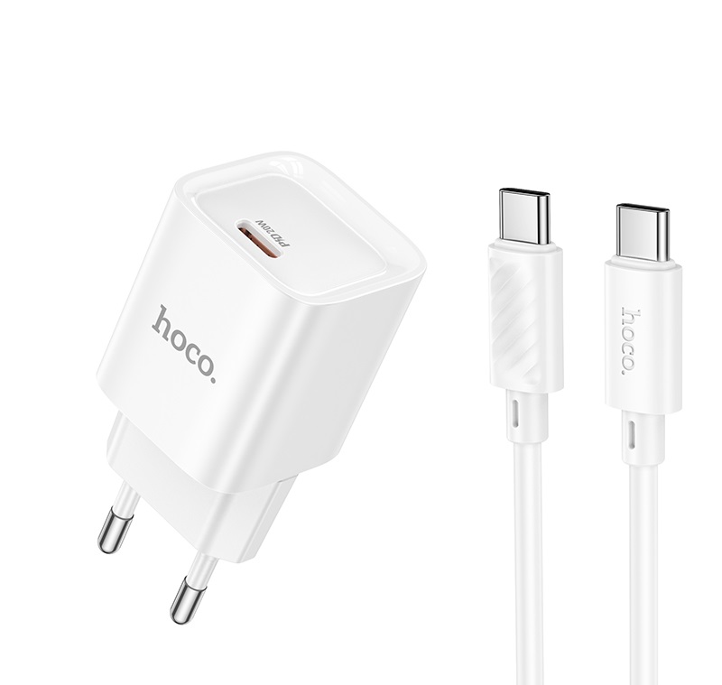 Мережевий зарядний пристрій з кабелем HOCO C146A Charm single port PD20W charger set (C to C) (EU) White