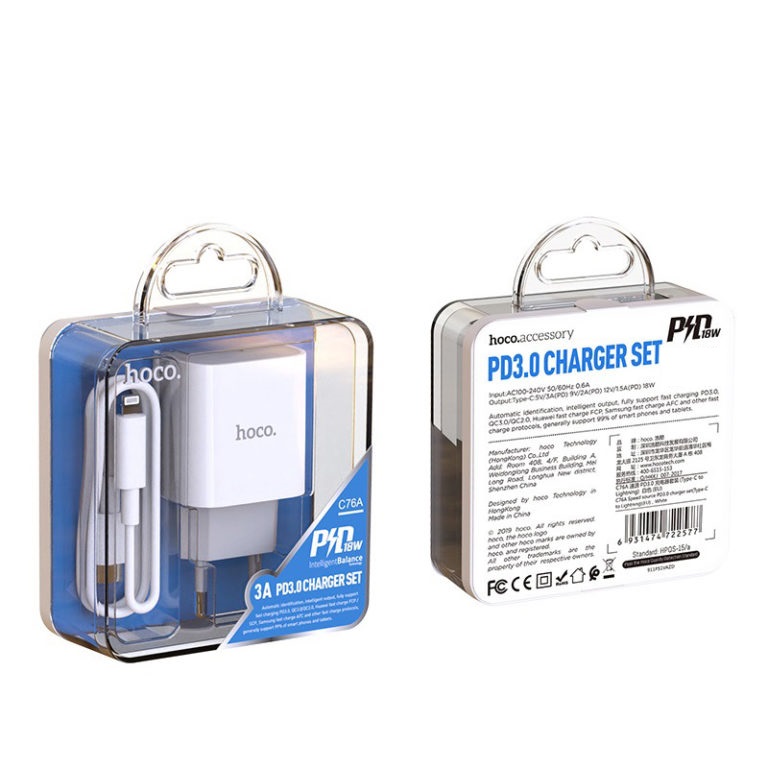 Мережевий зарядний пристрій з кабелем HOCO C76A Plus Speed source PD20W charger set(C to iP) White — фото 3