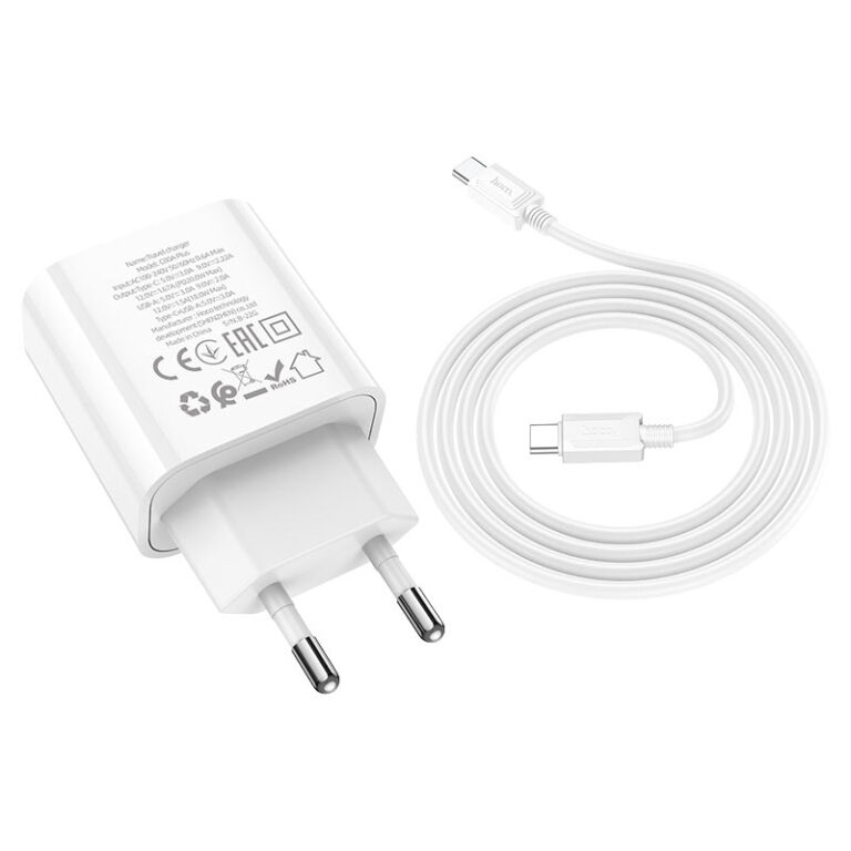 Мережевий зарядний пристрій з кабелем HOCO C80A Plus Rapido PD20W+QC3.0 charger set(Type-C to Type-C) White — фото 7