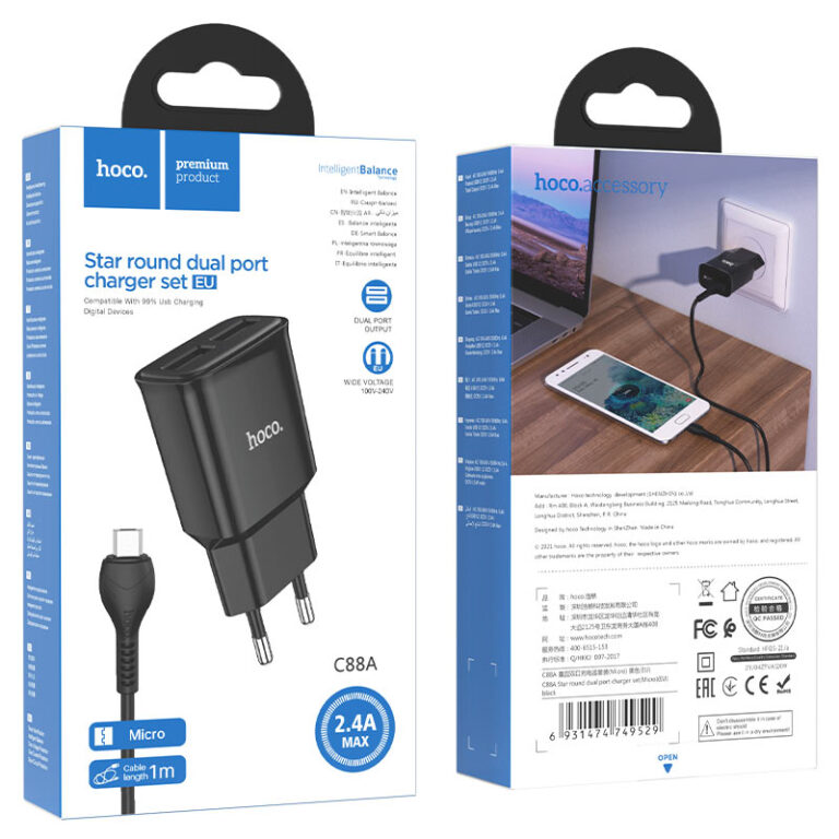 Мережевий зарядний пристрій з кабелем HOCO C88A Star round dual port charger set(Micro) 12W Black — фото 3