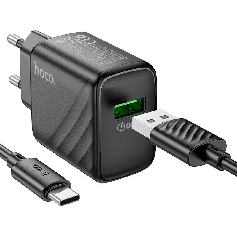 Мережевий зарядний пристрій з кабелем HOCO CS21A Rich single port QC3.0 charger set (Type-C)(EU) Black — фото 5