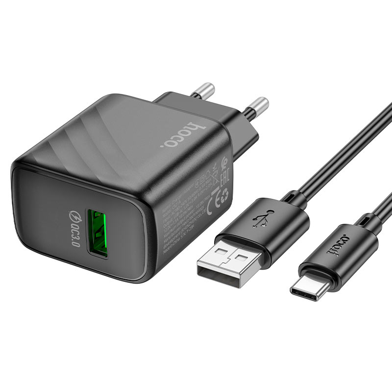 Мережевий зарядний пристрій з кабелем HOCO CS21A Rich single port QC3.0 charger set (Type-C)(EU) Black — фото 6