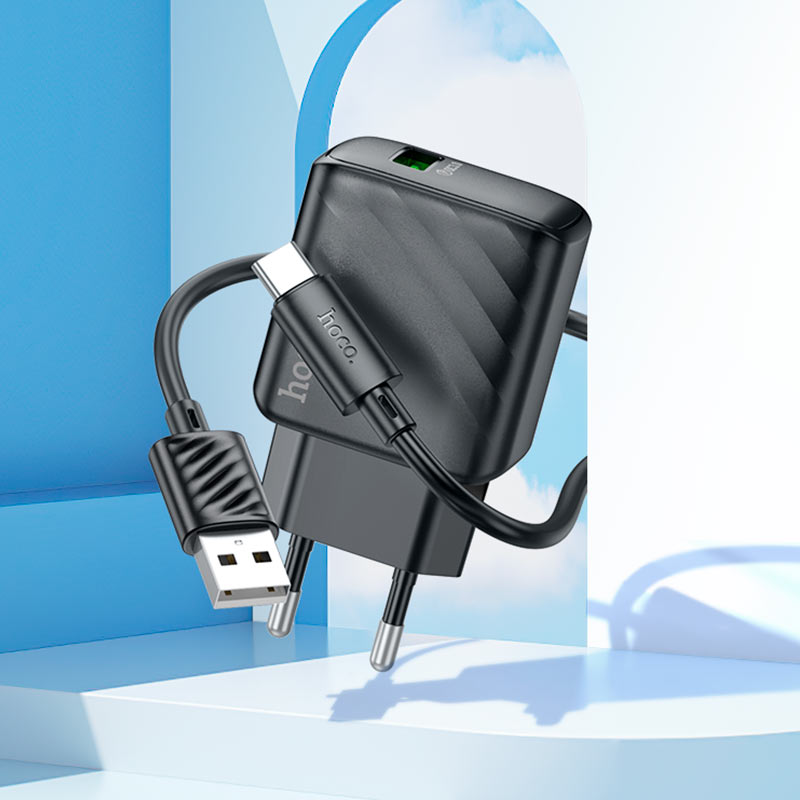 Мережевий зарядний пристрій з кабелем HOCO CS21A Rich single port QC3.0 charger set (Type-C)(EU) Black — фото 9