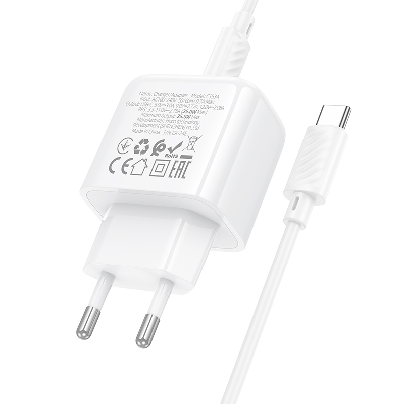Мережевий зарядний пристрій з кабелем HOCO CS53A Surplus single port PD25W charger set(C to C) White — фото 8