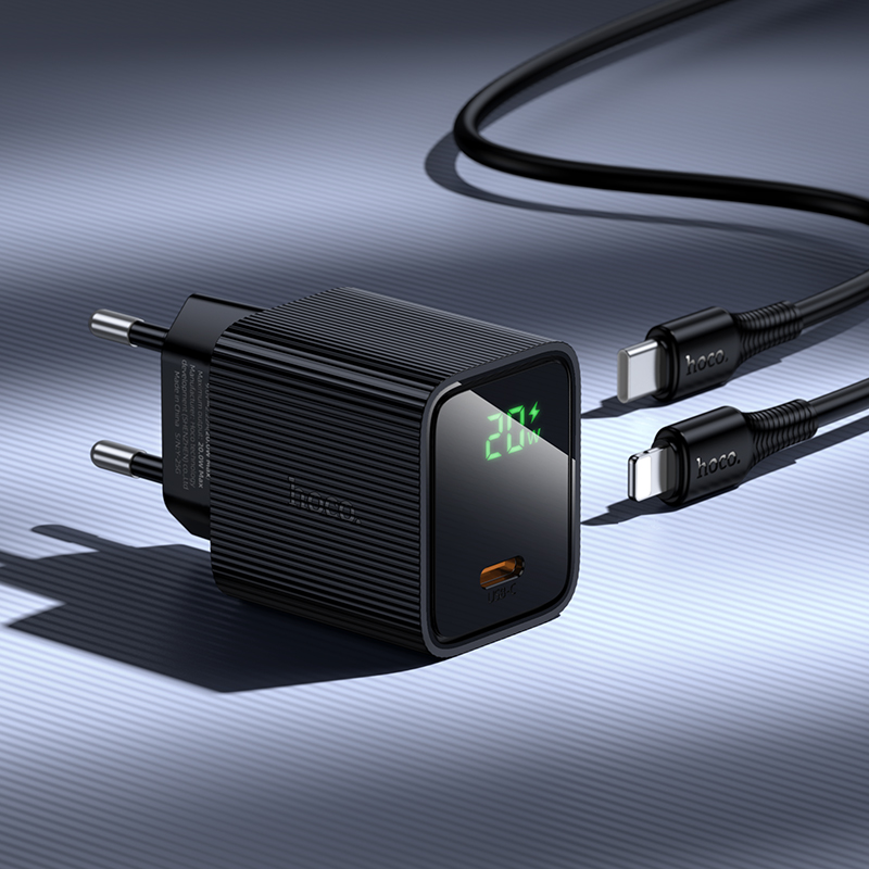 Мережевий зарядний пристрій з кабелем HOCO CS82A Excellent single port PD20W charger with digital display set(C to iP) Black — фото 10