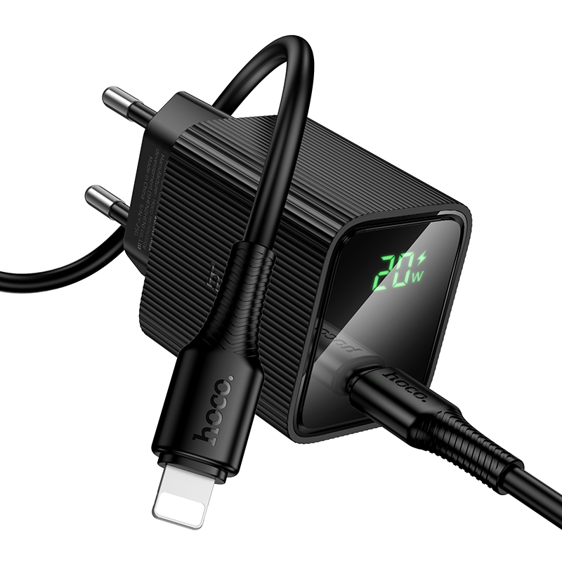 Мережевий зарядний пристрій з кабелем HOCO CS82A Excellent single port PD20W charger with digital display set(C to iP) Black — фото 4