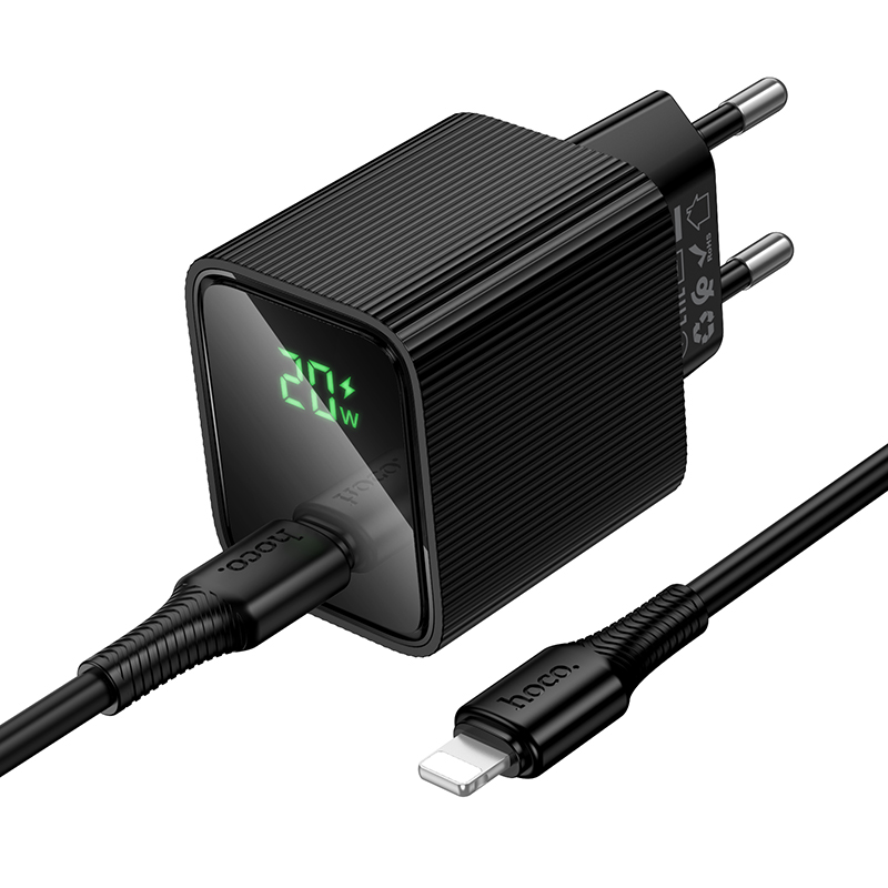 Мережевий зарядний пристрій з кабелем HOCO CS82A Excellent single port PD20W charger with digital display set(C to iP) Black — фото 5