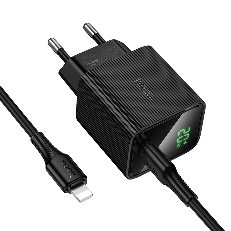 Мережевий зарядний пристрій з кабелем HOCO CS82A Excellent single port PD20W charger with digital display set(C to iP) Black — фото 6
