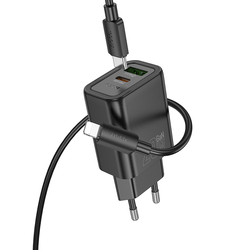 Мережевий зарядний пристрій з кабелем HOCO N61 Gentle PD20W+QC3.0 charger set(C to iP) Black — фото 4