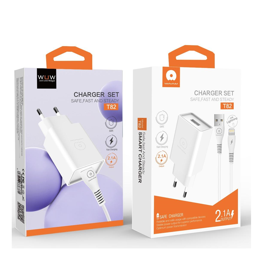 Мережевий зарядний пристрій з кабелем WUW-T82 Single USB home charger set iP — фото 3