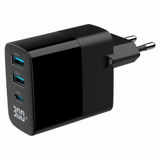 Мережевий ЗП, 2 х USB-A (QC3.0 18W) + 1 х Type-C (PD20W), LCD, чорний