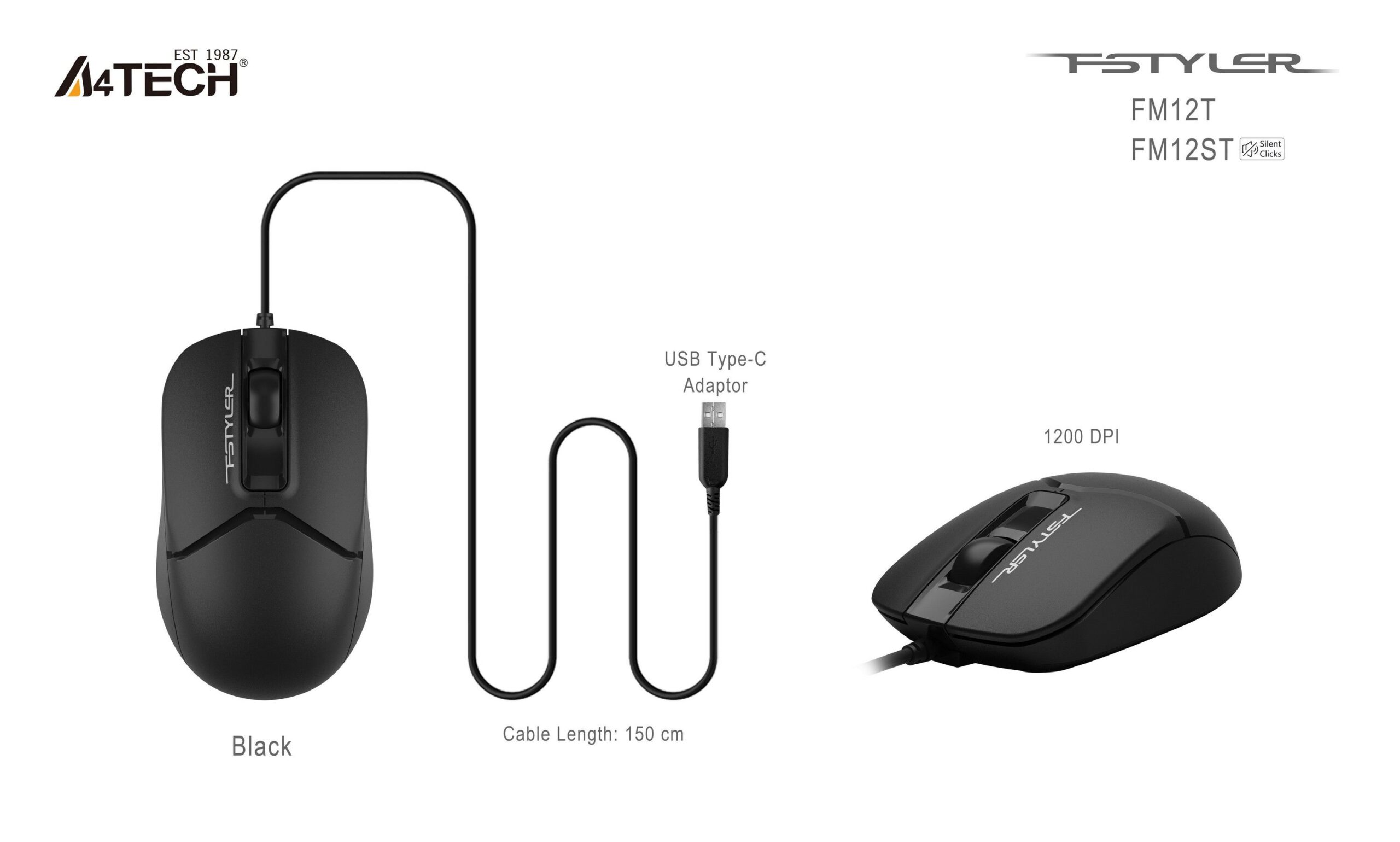 Миша дротова безшумна Fstyler, USB, 1200 dpi A4Tech FM12ST чорний — фото 9