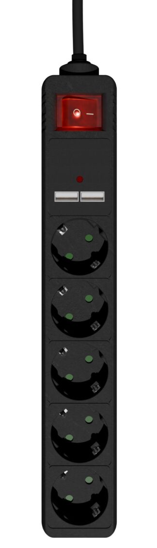Удлинитель, чёрный, кабель 1,5 м, 5 розеток, USB-зарядка 2 А