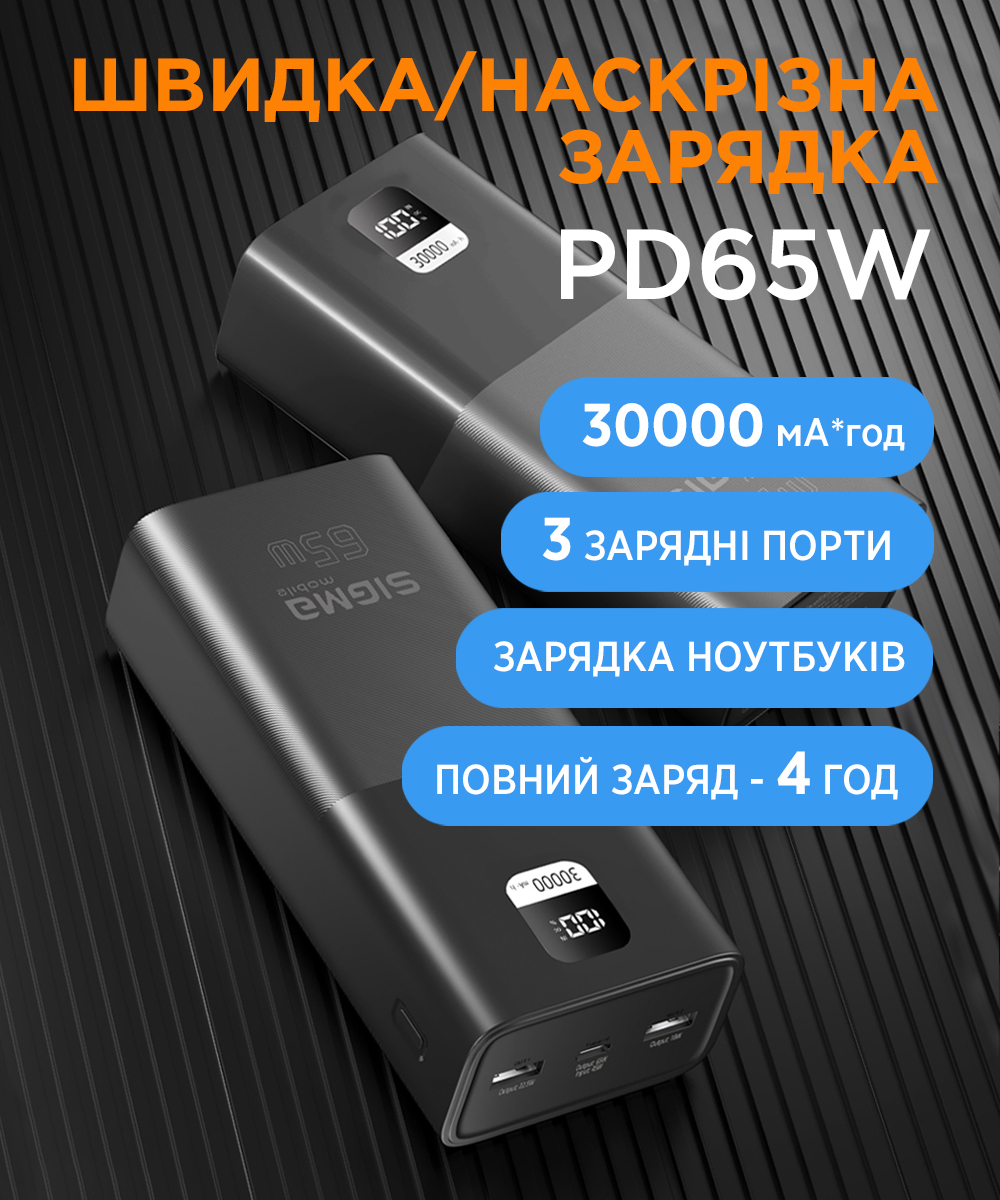 Портативний акумулятор Sigma X-power SI30A6QLX, 30000 мА·год, чорний — фото 10