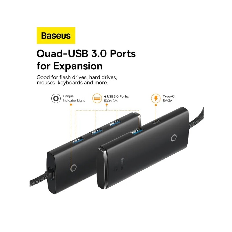 USB-хаб Baseus Lite Series 4-Port Type-C HUB Adapter (Type-C to USB 3.0*4 ) 1m Black — фото 11