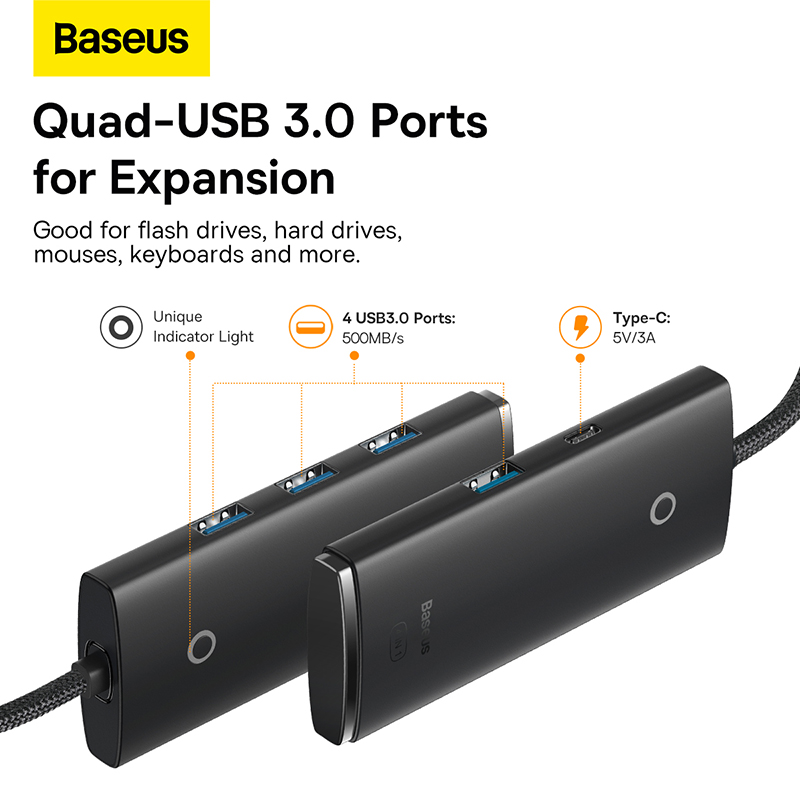 USB-хаб Baseus Lite Series 4-Port Type-C HUB Adapter (Type-C to USB 3.0*4) 25cm Black — фото 13