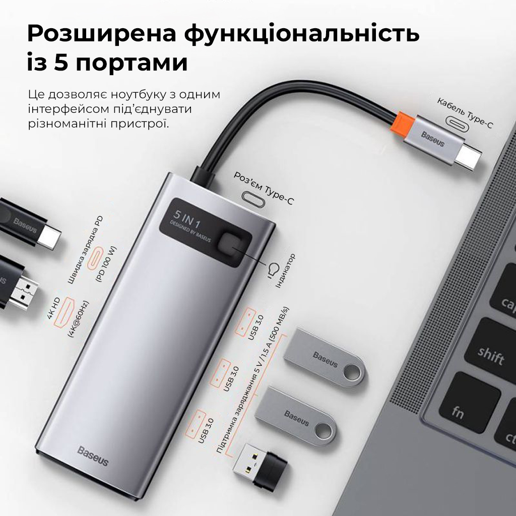 USB-хаб Baseus Metal Gleam Series 5-in-1 Multifunctional (Type-C to HDMI*1+USB3.0*3+PD*1) — фото 16