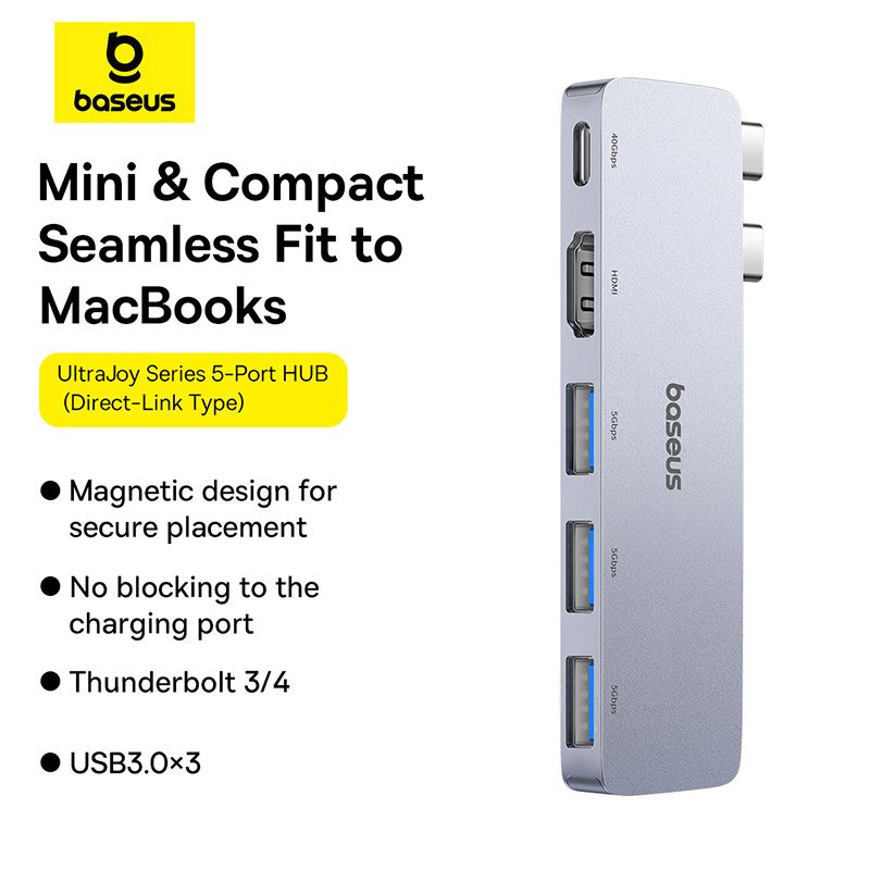 USB-хаб Baseus UltraJoy Series 5-Port HUB Space Grey (USB-C*2 to USB-C 40Gbps*1+HDMI 4K@30Hz*1+USB3.0*3) — фото 10