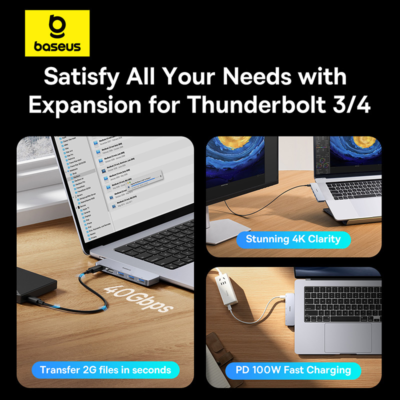USB-хаб Baseus UltraJoy Series 5-Port HUB Space Grey (USB-C*2 to USB-C 40Gbps*1+HDMI 4K@30Hz*1+USB3.0*3) — фото 12